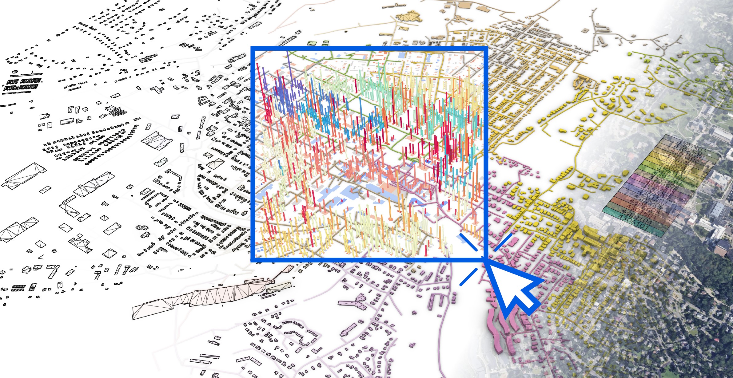 Cross-platform visualization showing 3D city models and interactive maps